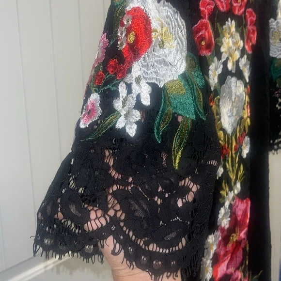 Embroidered Flowers Lace Luxury 3/4 Sleeve Midi Black lined Dress Back and front
